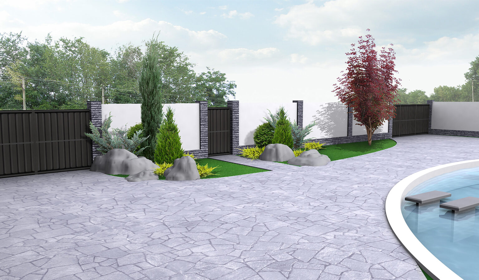 Private land landscaping, 3D render integrated into the natural environment